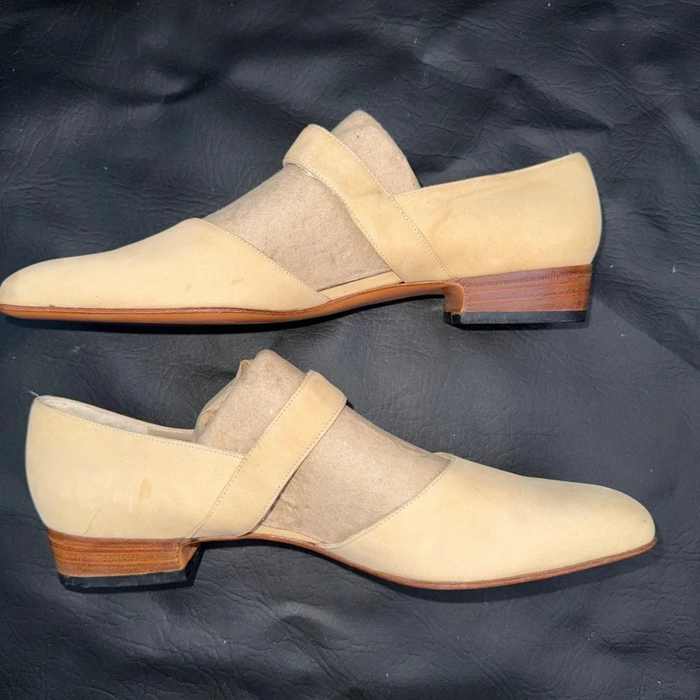 Salvatore Ferragamo Vintage Beige Nubuck Strap Loafers Square Toe NARROW 8 4A